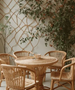 Round Cane Dining Set with Simple Chairs