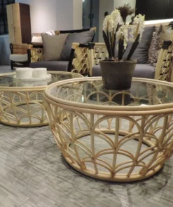 Round Glass-Top Rattan Coffee Table (Set of 2)