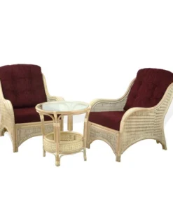 Whitewashed Rattan Lounge Set with Burgundy Cushions