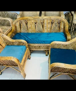 Rattan Sofa Set With Blue Cushions